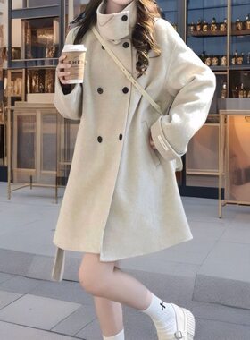 系带毛呢外套女立领2026新款秋季韩版小个子气质薄款女式呢子大衣