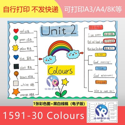 1591-30颜色Colours三年级英语上Unit2思维导图手抄报模板电子版