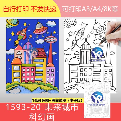 1593-20畅享未来科幻画未来城市地球家园手抄报模板电子版竖向