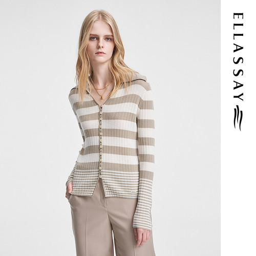 ELLASSAY歌力思春季新款100%羊毛条纹大翻领针织衫女EWW351M01000