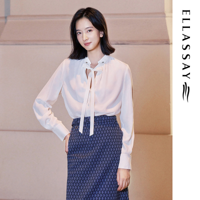 ELLASSAY歌力思春季新款100%桑蚕丝系带领通勤衬衫女EWW351C00200