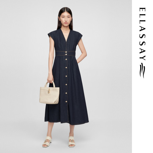 ELLASSAY歌力思早春新款100%棉连肩袖牛仔连衣裙女EWE361N01600