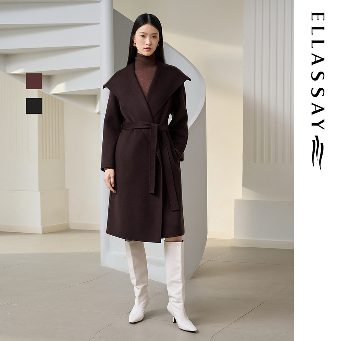 ELLASSAY歌力思2025秋冬新款100%山羊绒大翻领大衣女EWD363D04600