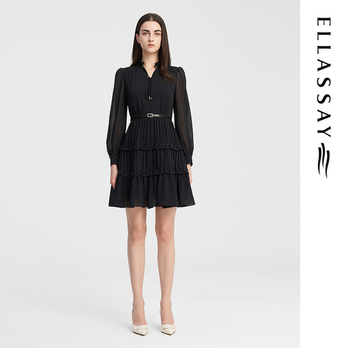 ELLASSAY歌力思秋季新款金属链条雪纺连衣裙女EWE343Y02400
