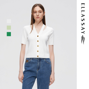 ELLASSAY歌力思春夏新款简约V领挂脖气质系针织衫女EWW345M08200
