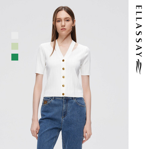 ELLASSAY歌力思春夏新款简约V领挂脖气质系针织衫女EWW345M08200