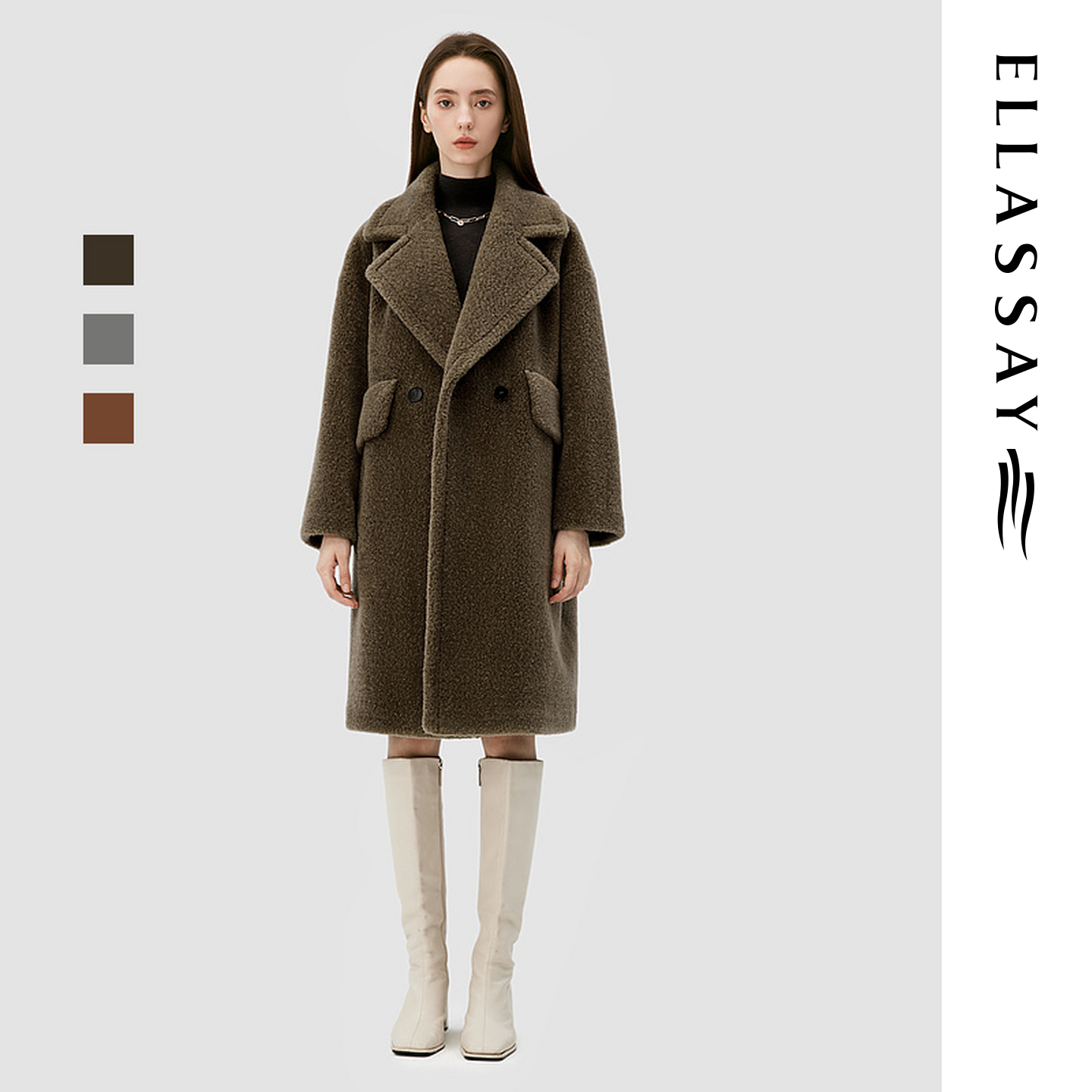 ELLASSAY歌力思秋冬新款廓形中长款摇粒绒大衣女EWB344D01000