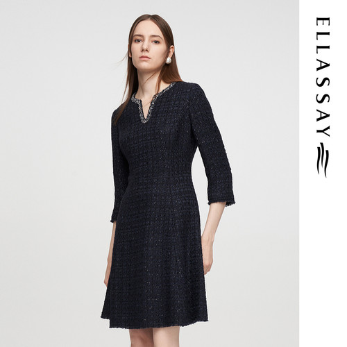 ELLASSAY歌力思春季新款绵羊毛优雅肌理花纱连衣裙女EWE361Y01700