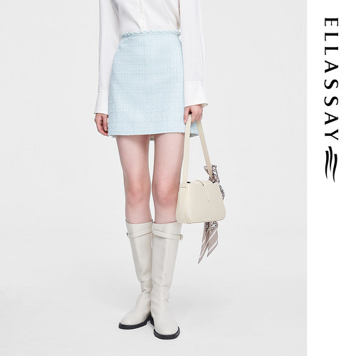 ELLASSAY歌力思春季新款小香风珍珠饰边高腰半身裙女EWW351Q01400