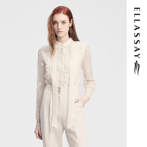 ELLASSAY歌力思秋季新款水溶蕾丝绣简约立领衬衫女EWE343C01000