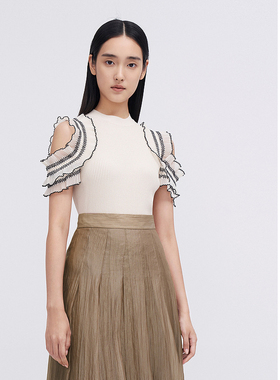 ELLASSAY歌力思夏季新款荷叶边肩口设计修身针织衫女EWE342M05200