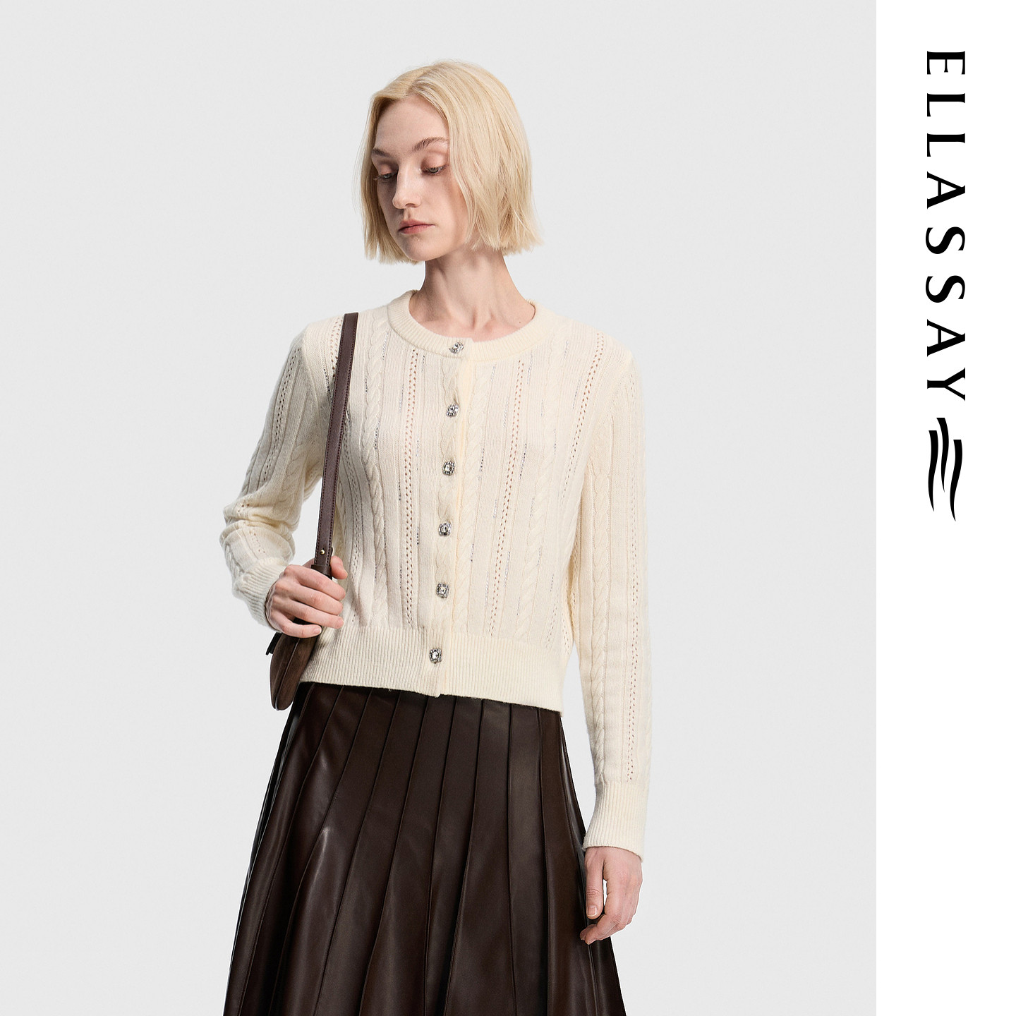 ELLASSAY歌力思2026秋冬新款绵羊毛竖条镂空针织衫女EWD374M00500