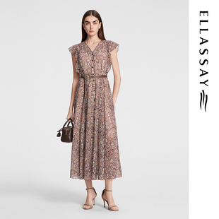 ELLASSAY歌力思秋季新款两件套复古碎花飞袖连衣裙女EWW353Y00700
