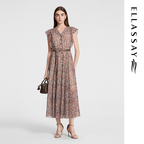 ELLASSAY歌力思秋季新款两件套复古碎花飞袖连衣裙女EWW353Y00700
