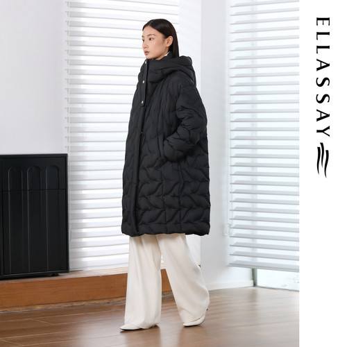 ELLASSAY歌力思冬季新款中长款连帽黑色鹅绒羽绒服女EWE363L06100