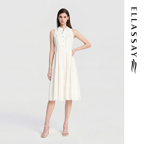 ELLASSAY歌力思26夏季新款纯棉镂空蕾丝无袖连衣裙女EWB372Y06400