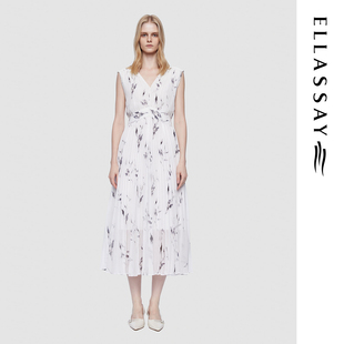 ELLASSAY歌力思夏季新款水墨风V领压褶无袖连衣裙女EWU362Y01200