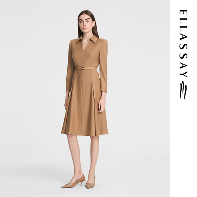 ELLASSAY歌力思早秋新款绵羊毛V领收腰长袖连衣裙女EWE353Y03700