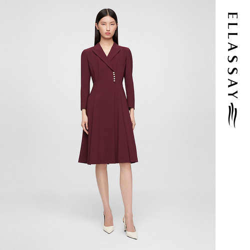 ELLASSAY歌力思春季新款绵羊毛优雅收腰V领连衣裙女EWE361Y15200