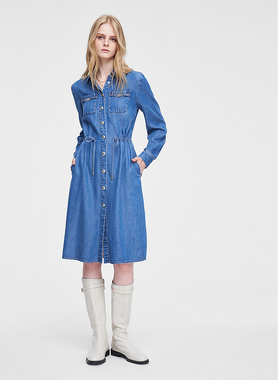 ELLASSAY歌力思春季新款天丝牛仔收腰长袖衬衫裙女EWW351N03300