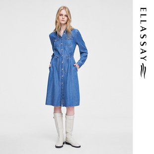 衬衫 天丝牛仔收腰长袖 裙女EWW351N03300 新款 ELLASSAY歌力思春季