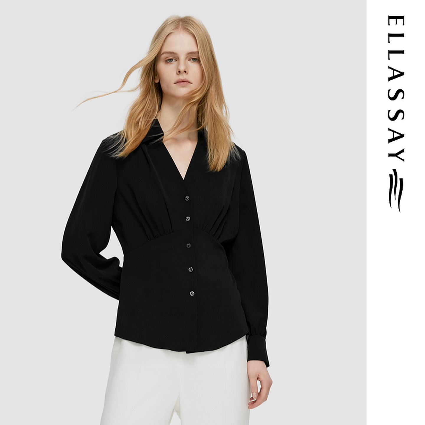 ELLASSAY歌力思春夏新款简约翻领压褶肌理收腰衬衫女EWD351C02100