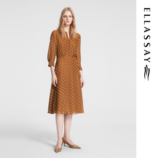 ELLASSAY歌力思秋季新款桑蚕丝法式波点连衣裙女EWE353Y00500