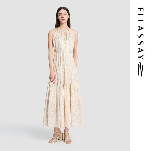 ELLASSAY歌力思2026夏季新款木耳边挂脖印花连衣裙女EWD375Y054TA