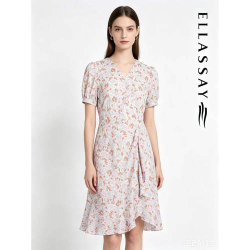 ELLASSAY歌力思2026春季新款荷叶边短袖茶歇连衣裙女EWE351Y07000
