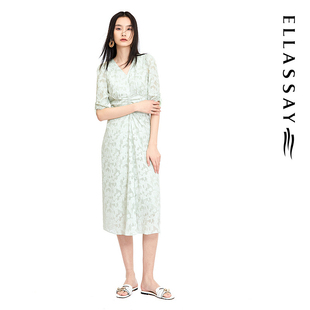 ELLASSAY歌力思夏季新款法式甜美V领抽褶连衣裙女EWE332Y05500