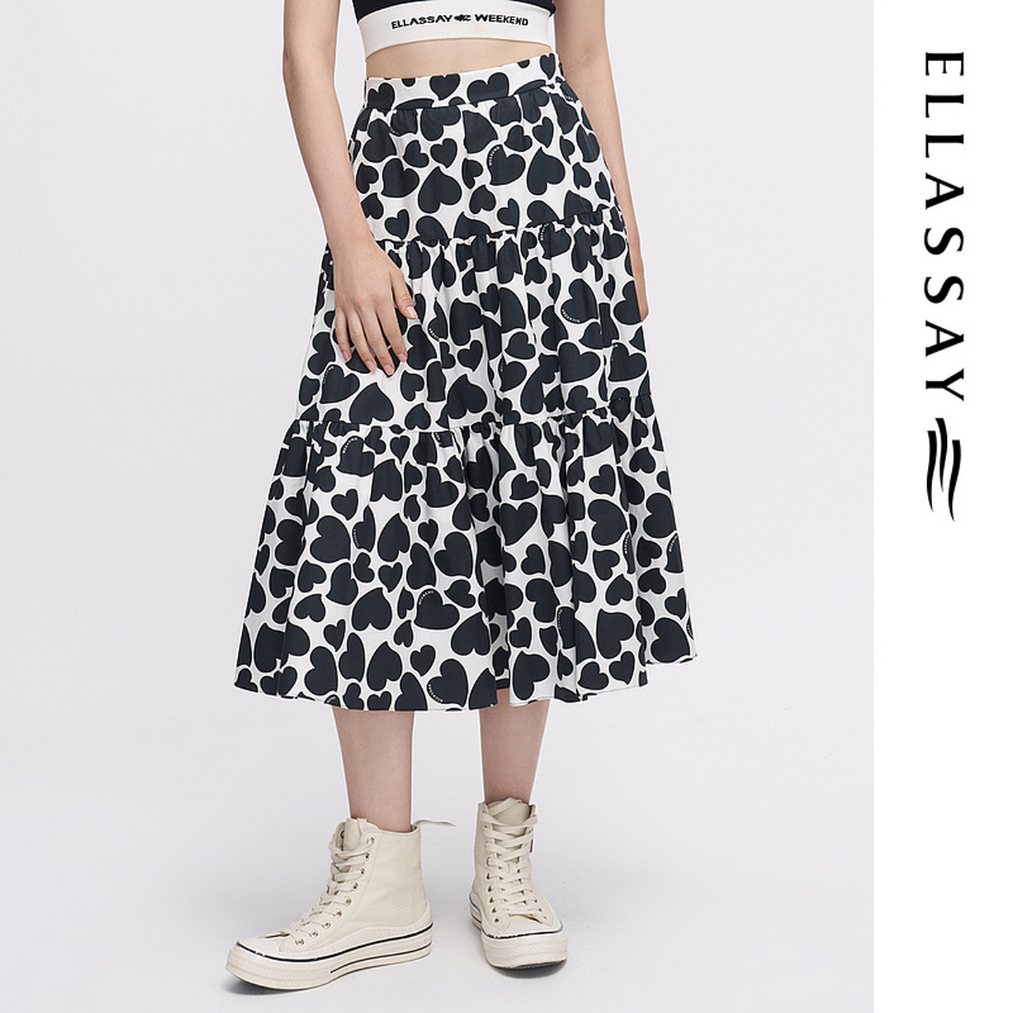 ELLASSAY歌力思夏季新款纯棉浪漫高腰塔裙半身裙女EWW342Q03100