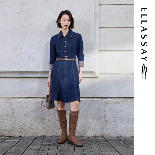 ELLASSAY歌力思26早春新款棉微弹航海牛仔连衣裙女EWW371N02100