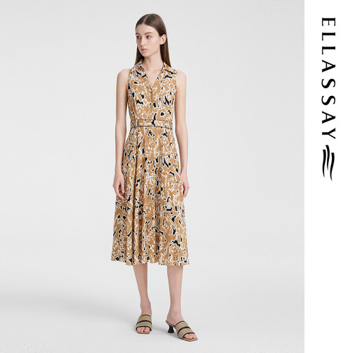 ELLASSAY歌力思春季新款真丝弹力印花挂脖连衣裙女EWE351Y14000