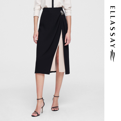 ELLASSAY歌力思早春新款三醋纤撞色斜襟捏褶半身裙女EWF351Q01000