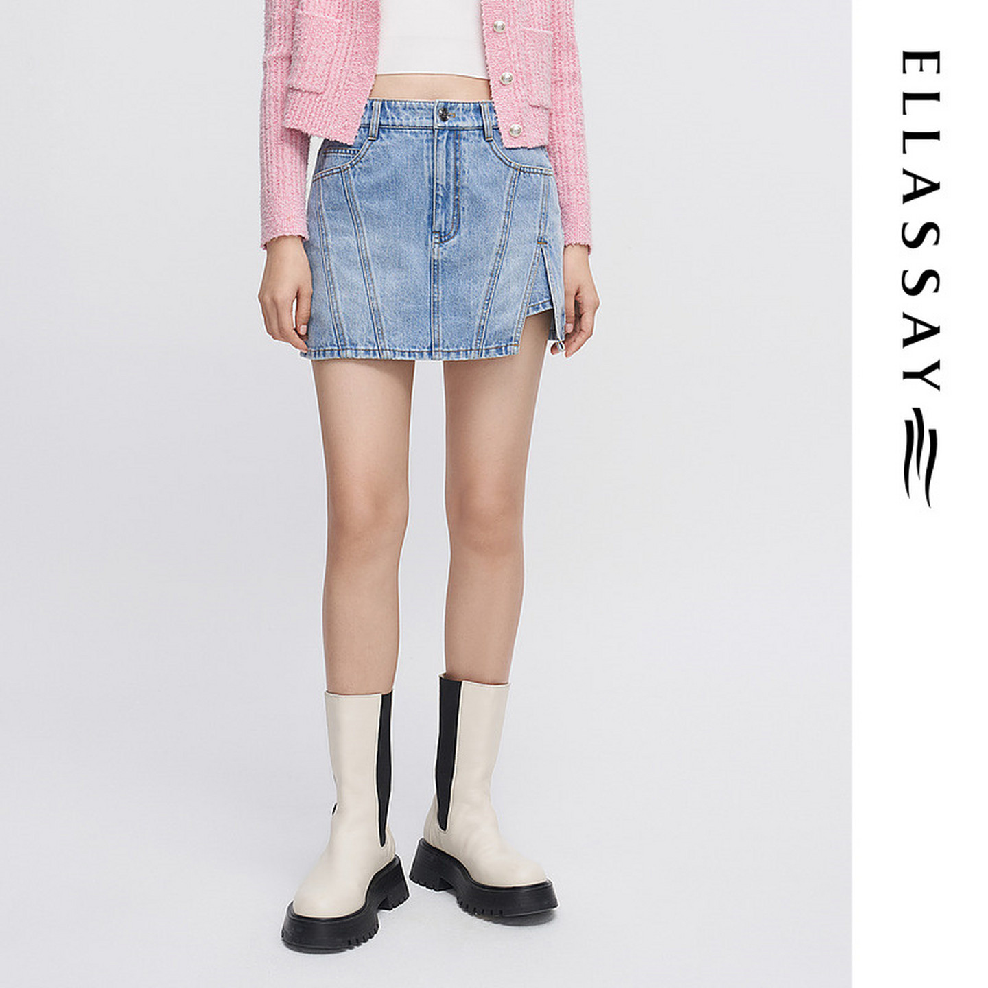 ELLASSAY歌力思春季新款纯棉水洗牛仔短裙半身裙女EWW341N04800