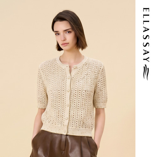 ELLASSAY歌力思2026早秋新款棉法式镂空短袖针织衫女EWD376M017DX