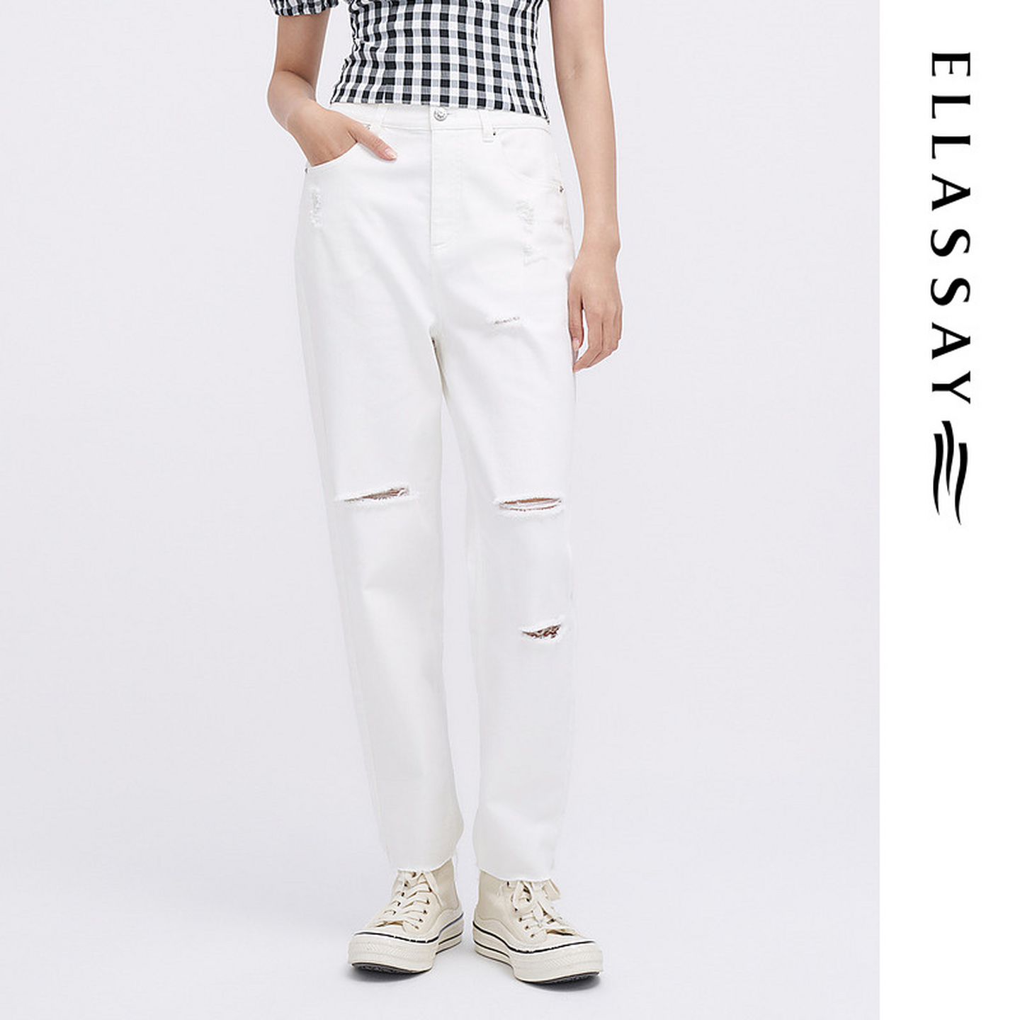 ELLASSAY歌力思2025夏季新款棉休闲白色破洞牛仔裤女EWW342N02700