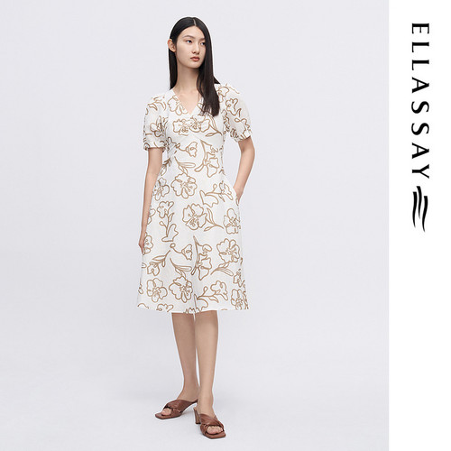 ELLASSAY歌力思夏季新款棉植物印花泡泡袖连衣裙女EWW342Y03400