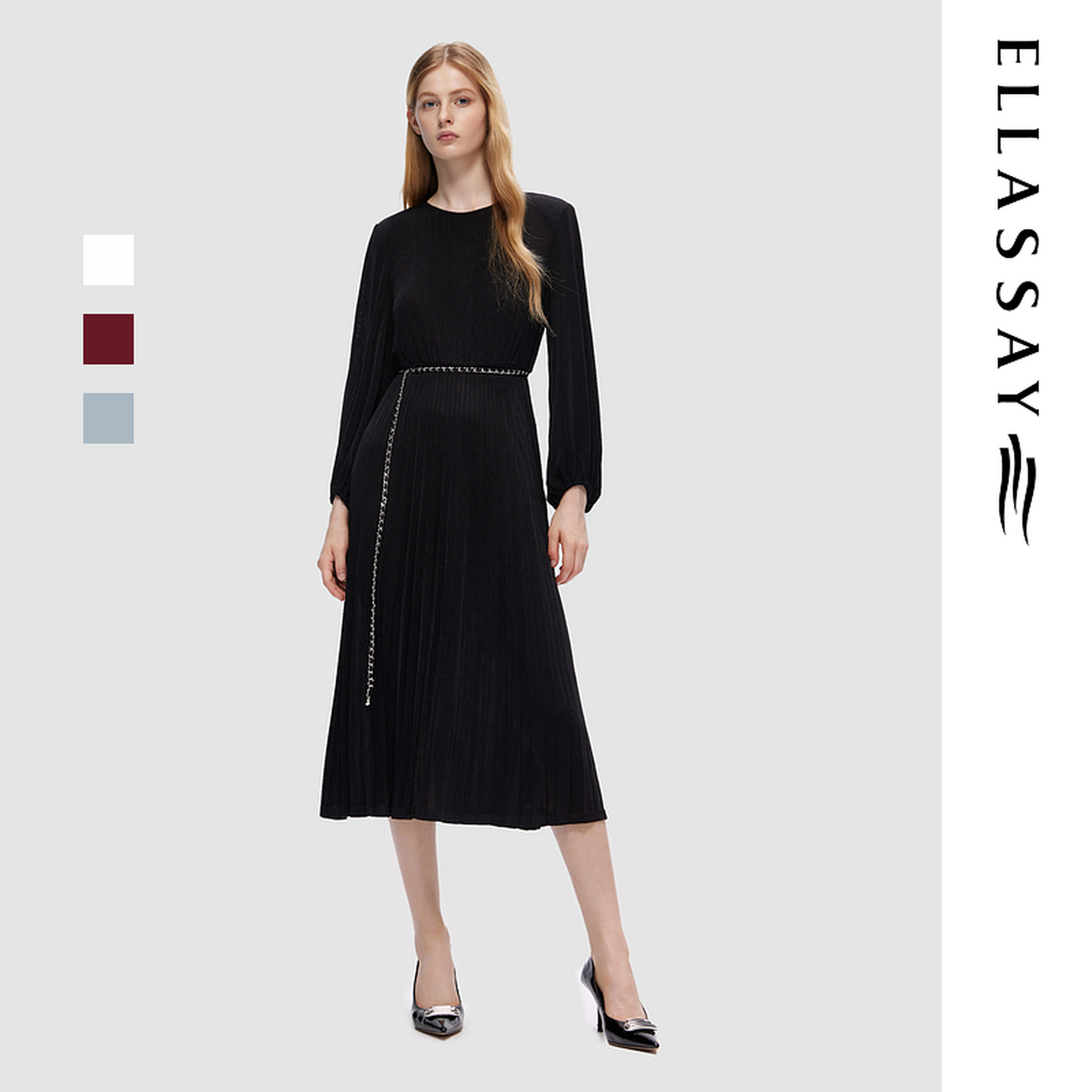 ELLASSAY歌力思秋季新款醋酸简约压褶设计连衣裙女EWD353Y03200