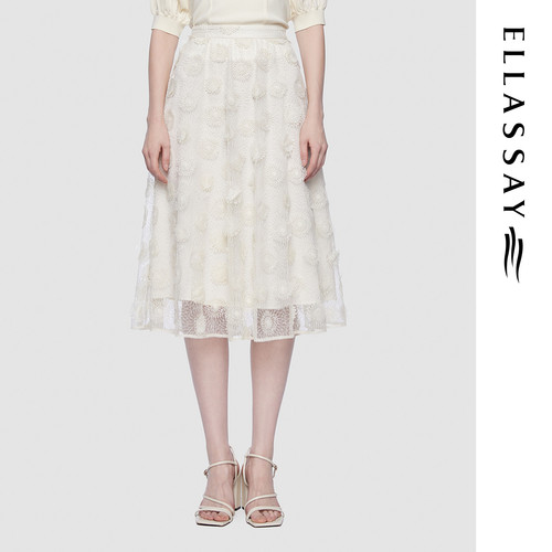 ELLASSAY歌力思夏季新款温柔立体绣花高腰半身裙女EWU361Q00300