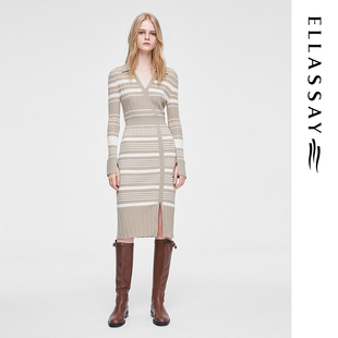 ELLASSAY歌力思春季 绵羊毛变奏条纹V领连衣裙女EWW351M00800 新款