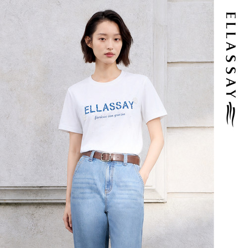 ELLASSAY歌力思2026夏季新款纯棉立体珠花圆领T恤女EWW372Z01300
