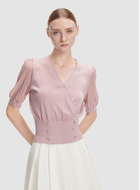 ELLASSAY歌力思春夏新款温柔气质泡泡袖V领针织衫女EWE355M07100