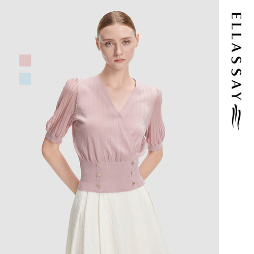 ELLASSAY歌力思春夏新款温柔气质泡泡袖V领针织衫女EWE355M07100