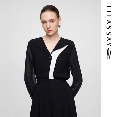 ELLASSAY歌力思早春新款三醋纤黑白撞色折纸领衬衫女EWF361C01300