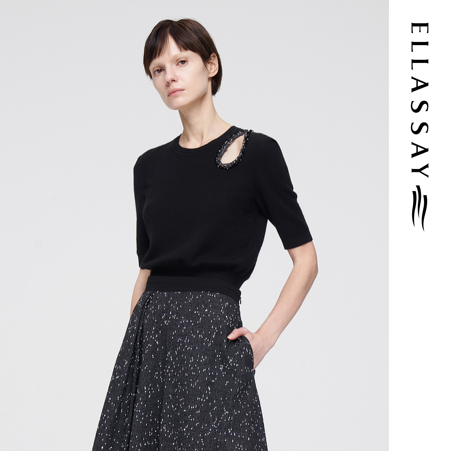 ELLASSAY歌力思早春新款真丝羊绒水滴镂空针织衫女EWF351M03900