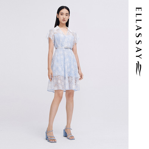 ELLASSAY歌力思春夏新款小个子气质蕾丝A字连衣裙女EWE342Y01100