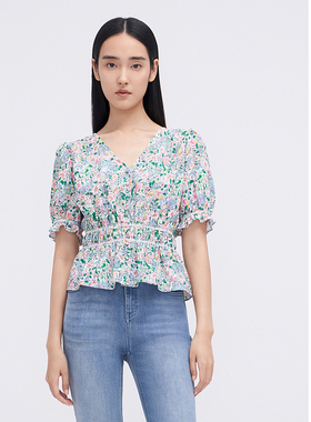 ELLASSAY歌力思夏季新款腰部打揽百搭时尚印花衬衫女EWW342C02800