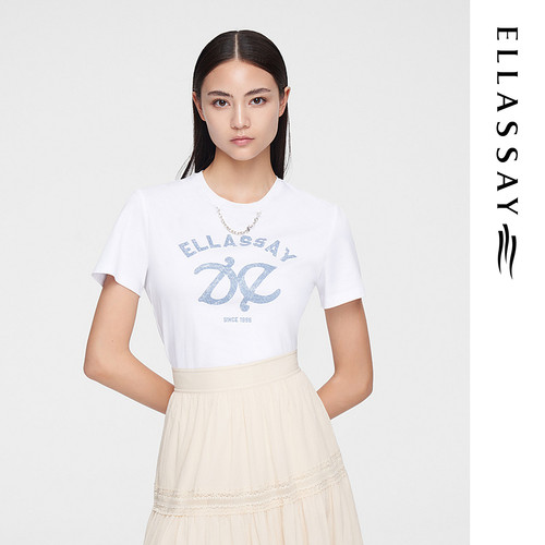 ELLASSAY歌力思春季新款棉双Elogo印花休闲T恤女EWW351Z00100