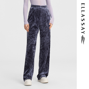 ELLASSAY歌力思秋冬新款 女EWE344K01100 深海蓝优雅高级丝绒休闲裤